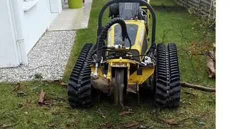 Rogneuse de souche à chenilles en action dans un jardin après abattage