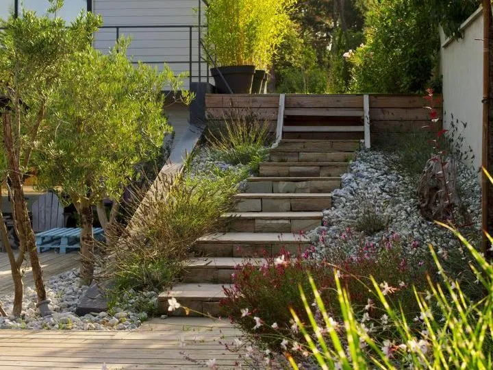 Jardin paysager entretenu à Bayonne : oliviers, escalier en pierre, graminées et terrasse en bois